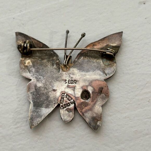 Vintage Abalone Butterfly Brooch Pin Alpaca Silver-Tone Iridescent Stamped - Picture 4 of 4
